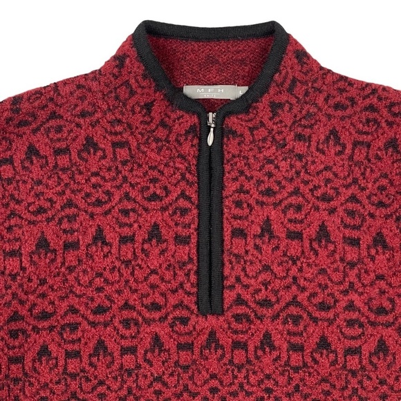 MFH Knits Baby Alpaca Blend Sweater Large Red Printed 1/4 Zip Pullover Soft - Picture 2 of 10
